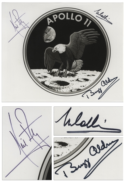 Apollo 11 Crew Signed 10'' x 8'' NASA Photo of the Mission Insignia -- Near Fine With Bold, Uninscribed Signatures -- With Steve Zarelli COA